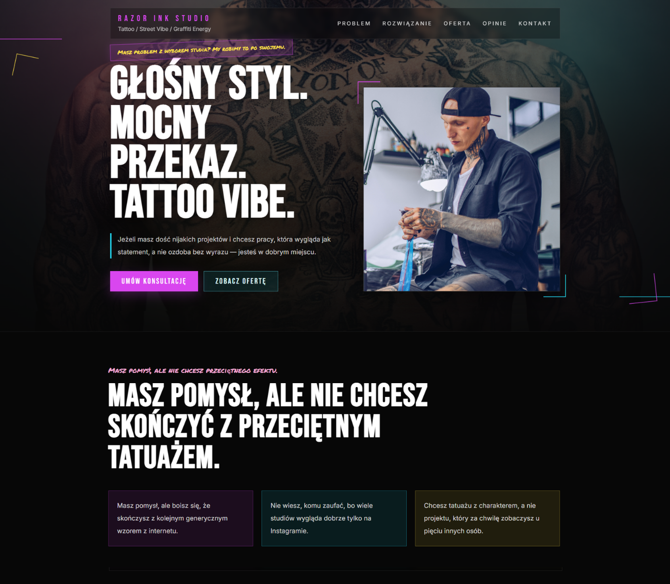 Podgląd strony standard dla studia tatuażu — część 1